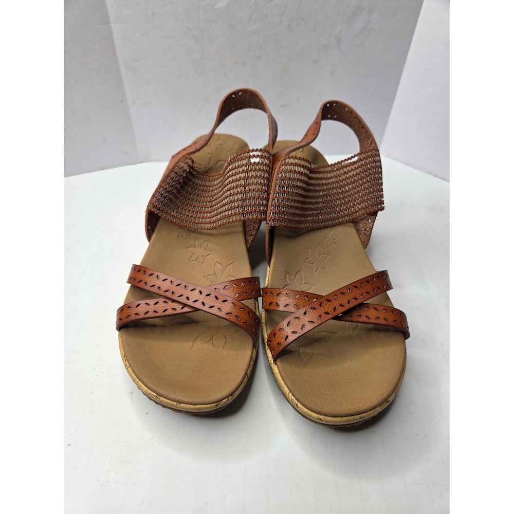 Skechers Cali Luxe Foam Brown Laser Cut Cork Wedge Slingback‎ Sandals Womens